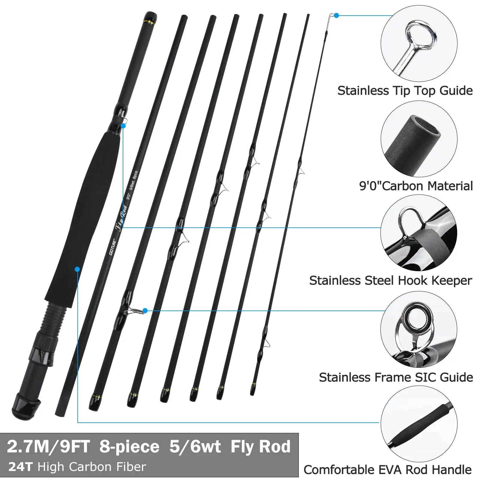 Goture # Caña de pescar con mosca de viaje 5/6, 2,7 M, caña multinodal de acción media rápida, mango de corcho y carbono, aparejos de pesca ultraligeros - imagen 2