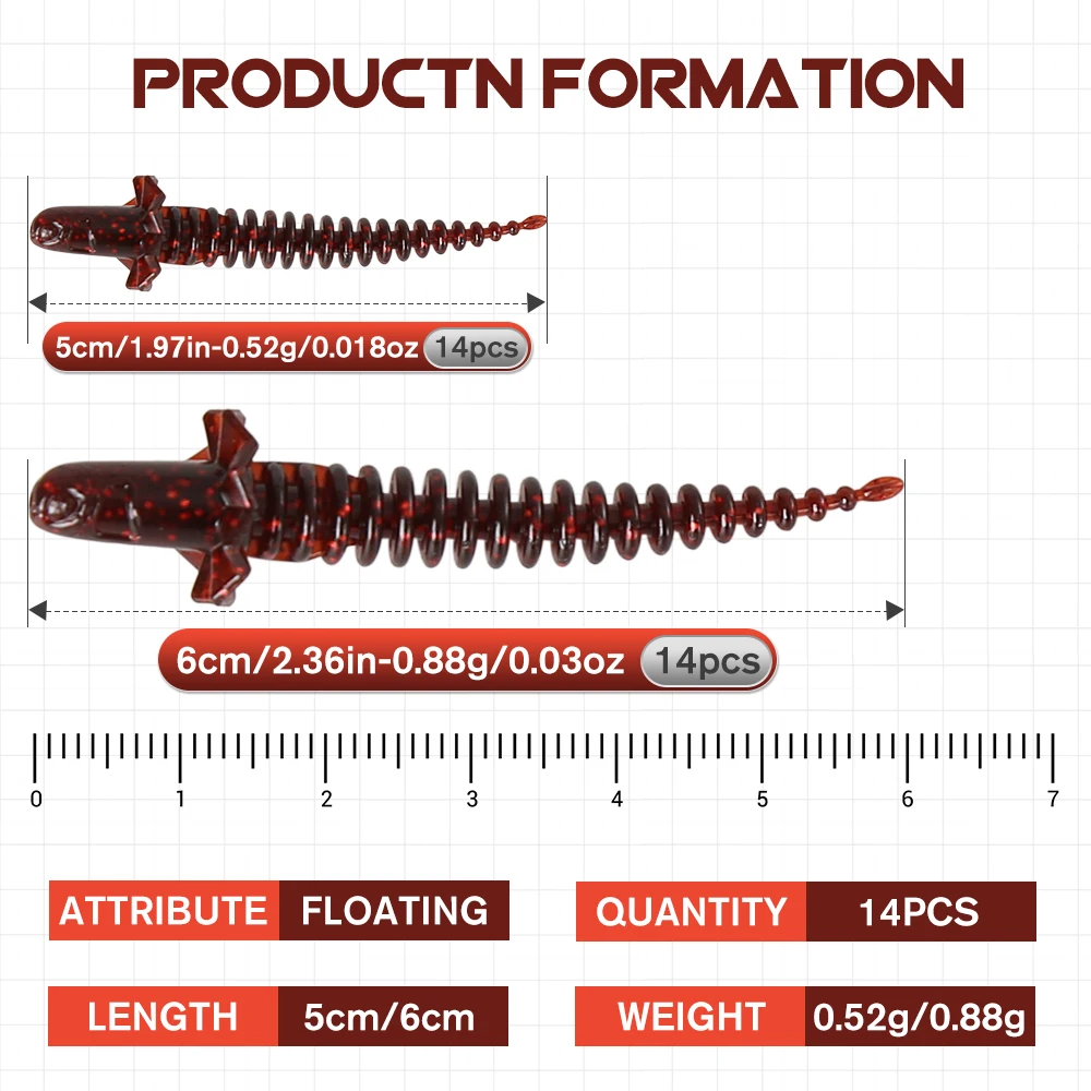 ZUKIBO delantal cola de aguja 14 unids/pack cebos de pesca flotantes 50/65/75mm gusanos señuelos blandos hilo inverso cebo de silicona Wobblers carpa - imagen 4