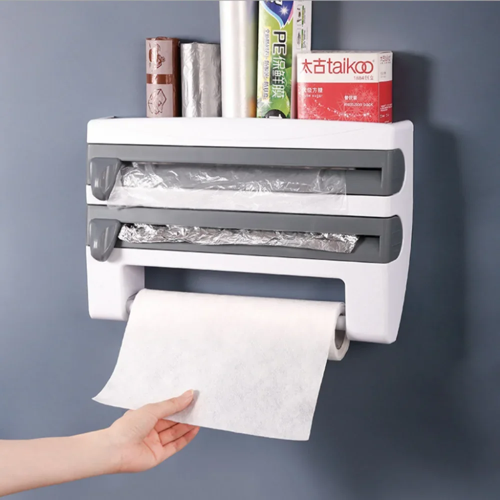 Soporte para papel de cocina, colgador de pañuelos adhesivo de montaje en pared, estante para botellas de salsa, organizador de soporte de corte de película adhesiva 4 en 1 - imagen 4