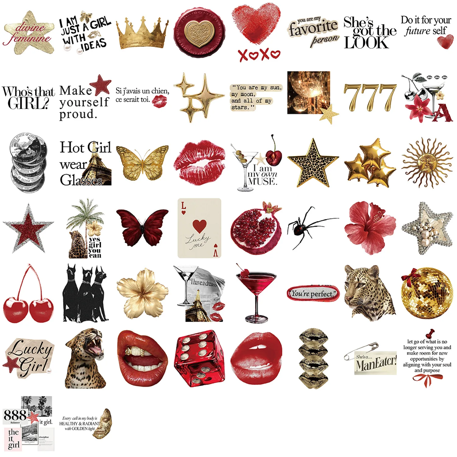 50 Uds. De pegatinas estéticas Retro rojas doradas, bricolaje, teléfono, guitarra, portátil, maleta, botella de agua, pegatinas impermeables, juguetes - imagen 4