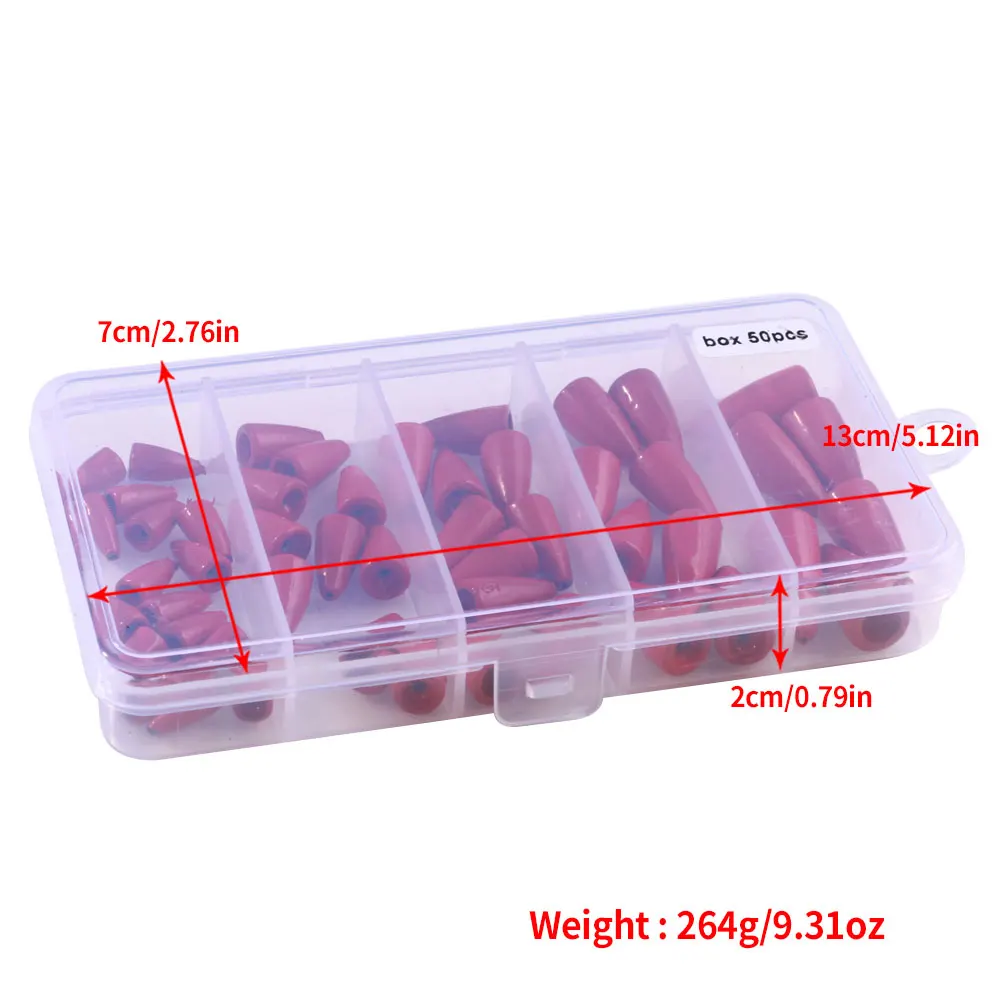 Juego de pesas de pesca de 50 Uds., 1,75g-10g, plomos de bala rojos para lubina, Lucio, cabeza de serpiente, perca, accesorios de aparejo Texas, aparejos de pesca - imagen 3