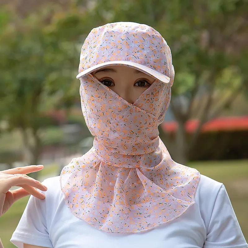 Sombrero para el sol Anti-UV de playa de verano para mujer, gorras florales con estampado de flores, sombreros de gasa, protector solar de moda, sombrero con máscara para pescar y montar - imagen 3