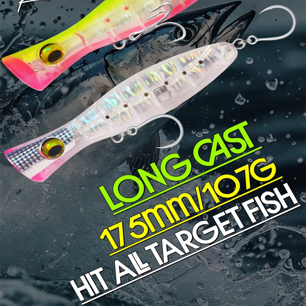 Señuelo de pesca GRS Popper, cebo de superficie flotante Topwater de 107g con anzuelos triples, cebos duros de mar de agua salada de boca grande, productos de pesca - imagen 3