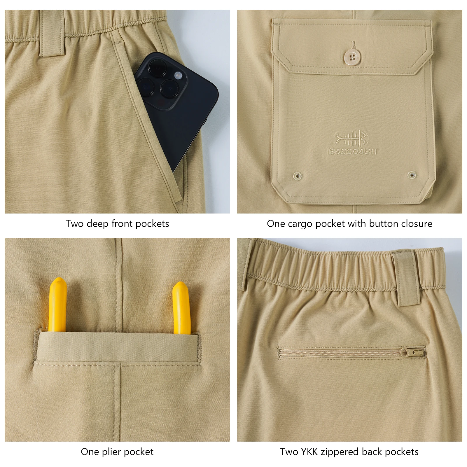 BASSDASH-pantalones Cargo de pesca para hombre, resistentes al agua, secado rápido, ligeros, UPF 50 +, para senderismo al aire libre, cintura elástica, FP05M - imagen 5