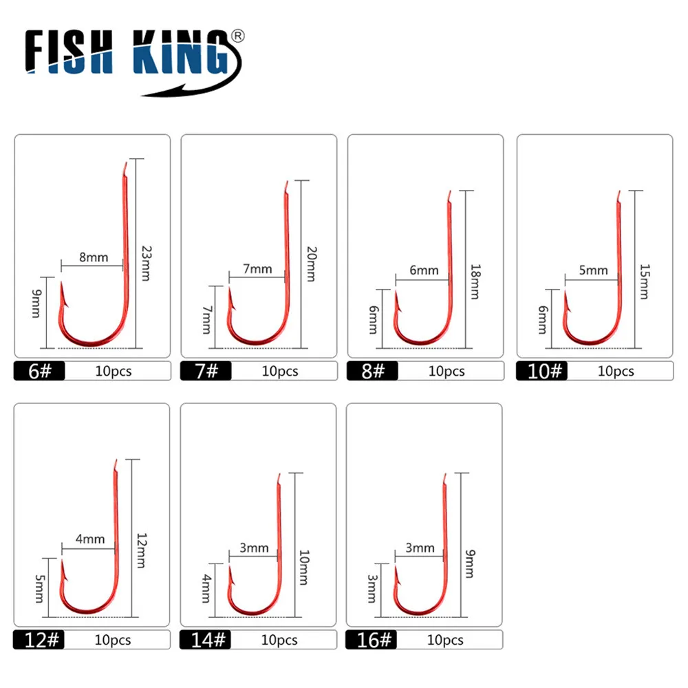 FISH KING-anzuelo de pesca de 50 piezas, anzuelo de pesca rojo largo 6 #-16 # con púas, anzuelo de acero de alto carbono, señuelo doblado, aparejos de carpa anillados - imagen 3