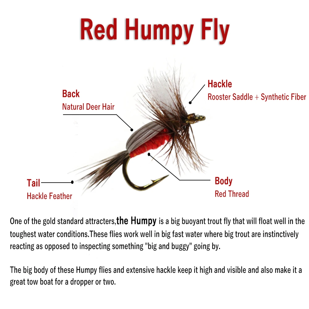 WIFREO, 6 uds., mosca joroba roja, mosca flotante para trucha, imitación de mayfly, especie Caddis, atractor de agua rápido flotante, cebos de señuelo de pesca con mosca - imagen 4