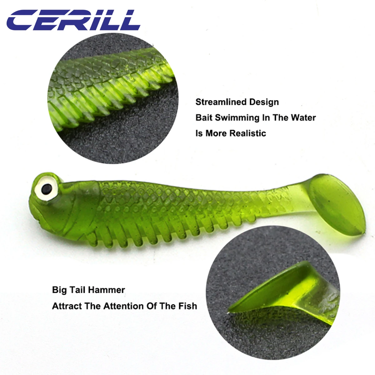 Ceril-señuelo de pesca suave 3D ojos T cola Artificial silicona realista gusano cebo luminoso pequeño Wobbler Swimbait, 5,5 cm, 7cm, 10 piezas - imagen 3