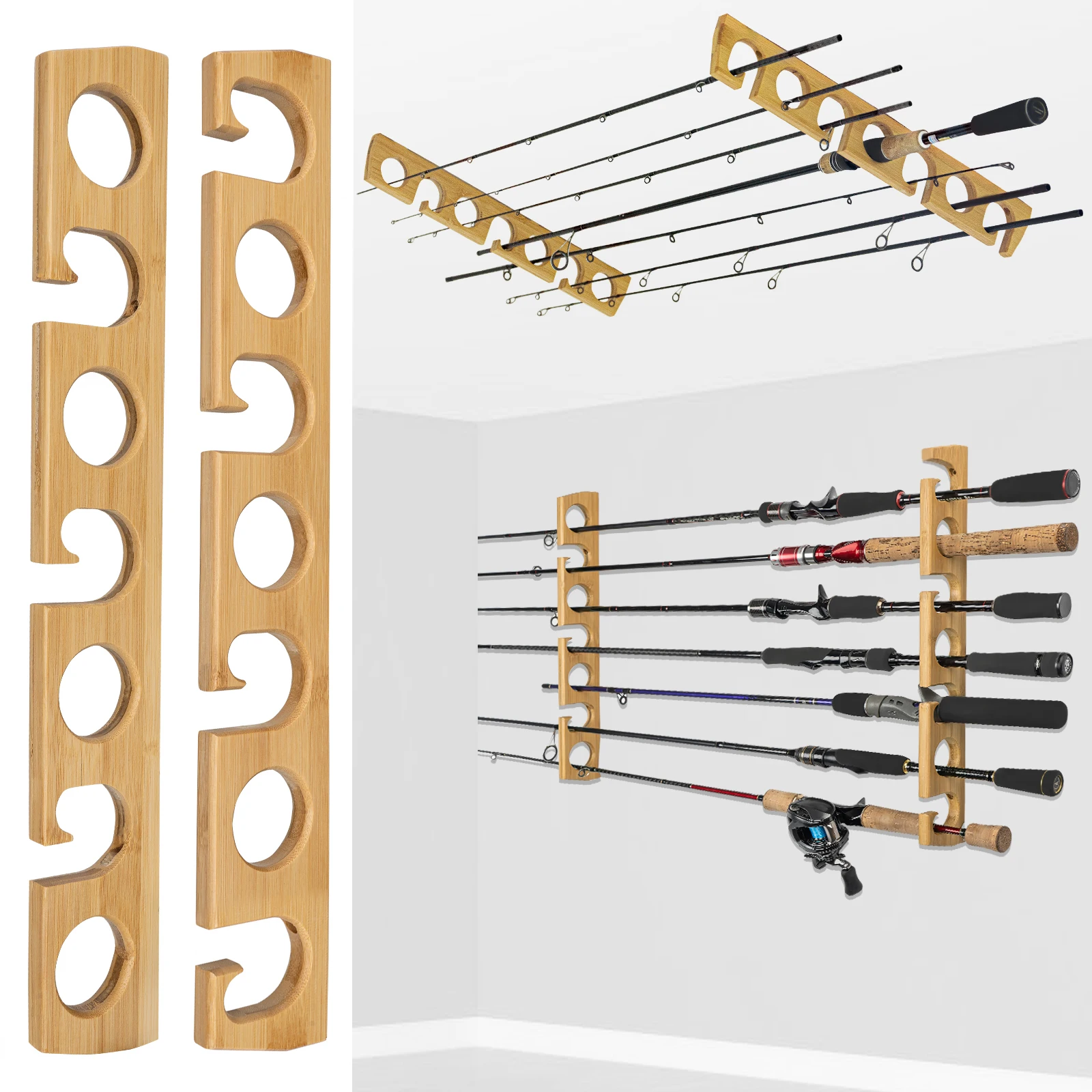 Soporte de pared para cañas de pescar en madera — estante horizontal - imagen 3