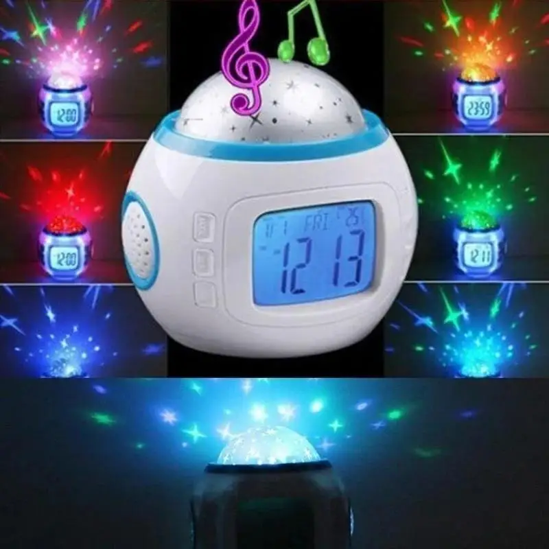 Reloj despertador para niños, cielo durmiendo, estrella, luz nocturna, proyector, lámpara, despertador para dormitorio, música, suministros para el hogar - imagen 2