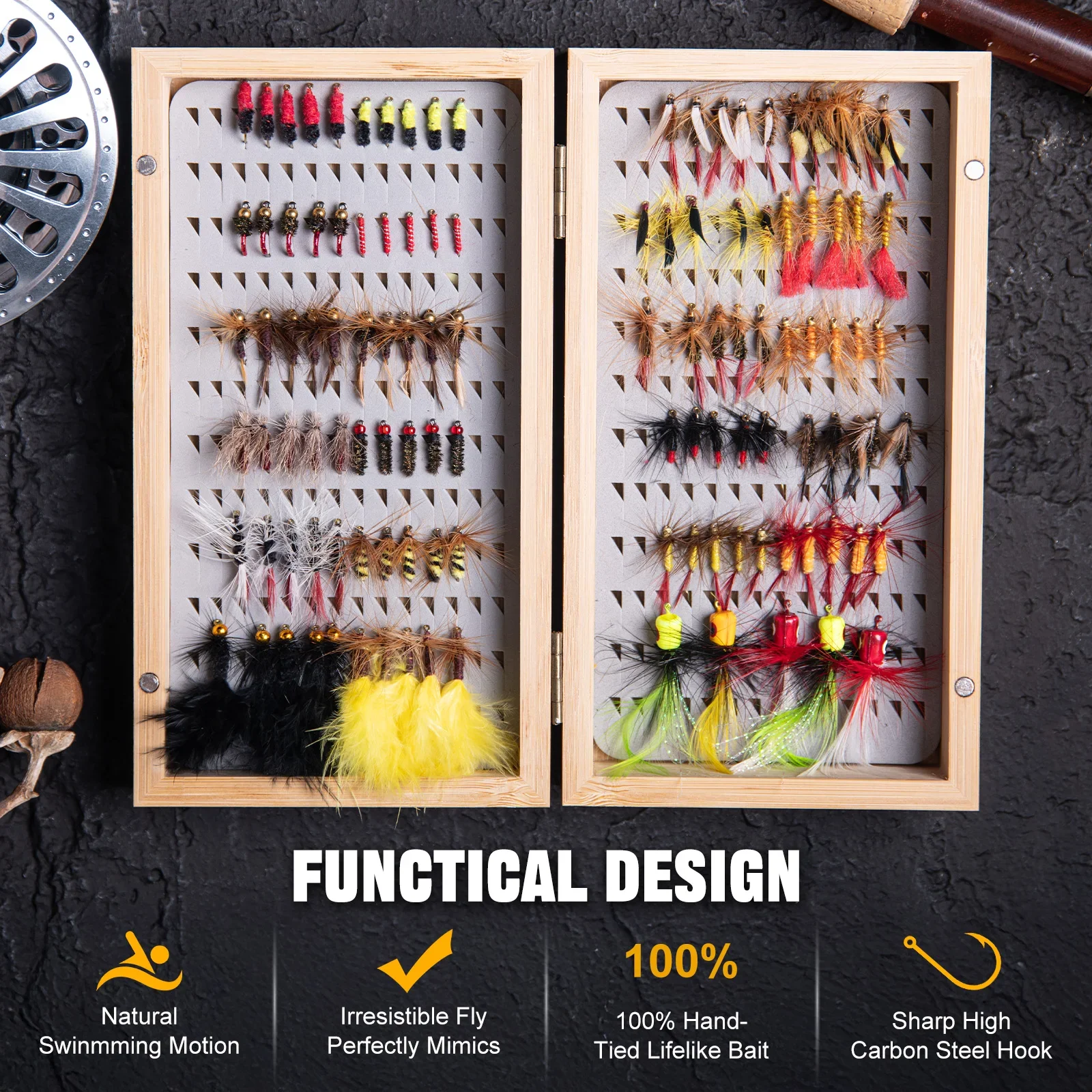 Goture moscas de pesca con mosca hechas a mano, 115 unids/set patrones versátiles con caja de bambú, Kit surtido de moscas húmedas secas señuelo de pesca - imagen 4