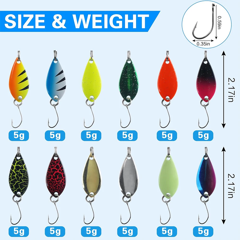 12 Uds. Kit de señuelo cuchara para pesca de trucha, señuelos para trucha de un solo gancho, cebos de Metal duro, Mini plantilla de pesca, señuelos tipo cuchara para perca y tipo de pez - imagen 2