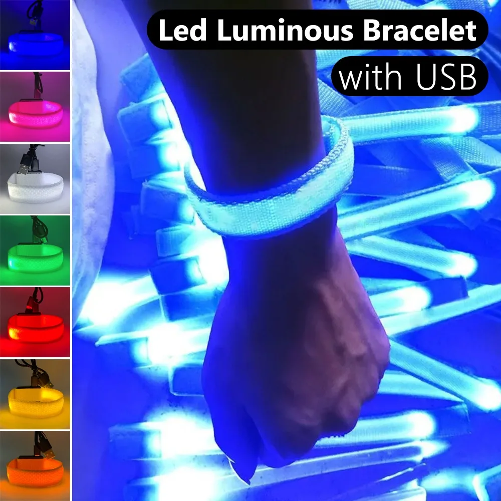Correa para el brazo, pulsera luminosa LED, correa de muñeca deportiva USB ajustable que brilla en la oscuridad, suministros para fiestas, pulsera luminosa Unisex - imagen 2