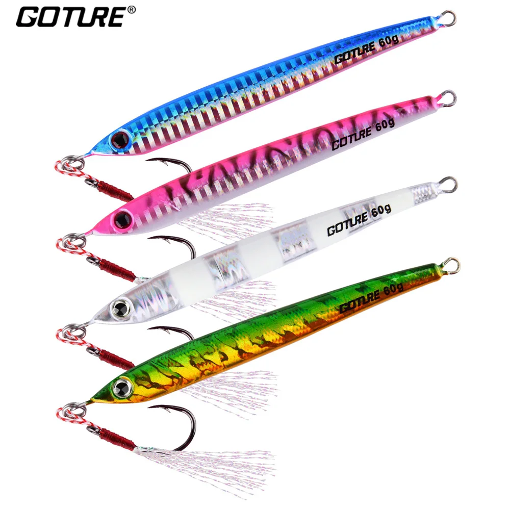 Goture 60g 80g señuelo lento de Metal 4 Uds Jig cuchara señuelo de pesca cebo Artificial Shore Casting Jigging pescado para aparejos de pesca de lubina