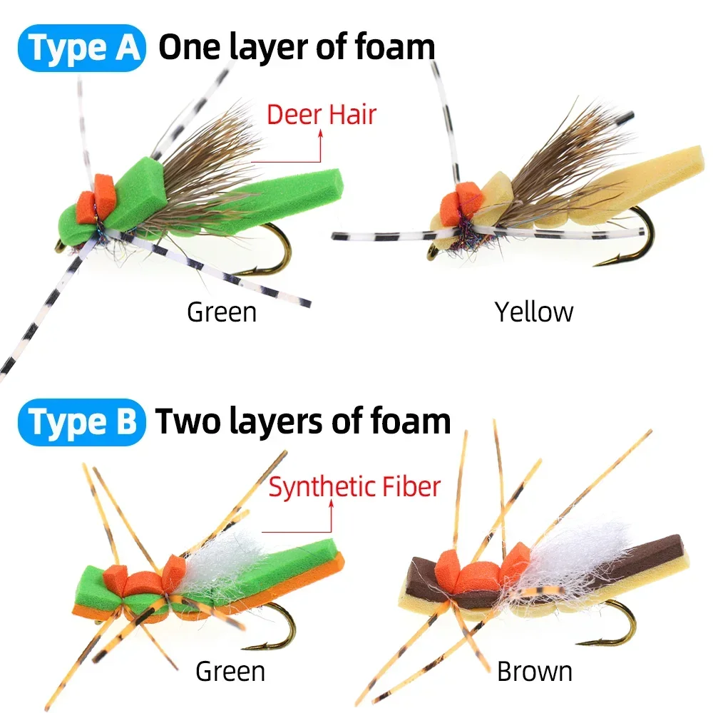 Wifreo 4 Uds. Cuerpo de espuma saltamontes mosca seca tolva flotante pelo de ciervo patas de goma trucha moscas lubina Panfish señuelo de pesca cebos # 8 - imagen 4