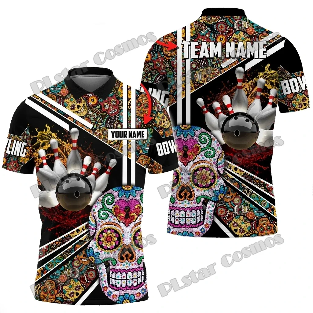 Camisas Polo para hombre con estampado 3D de nombre personalizado Multicolor de bolos y alfileres de calavera de azúcar, Polo Premium Unisex informal de verano PLP59 - imagen 3
