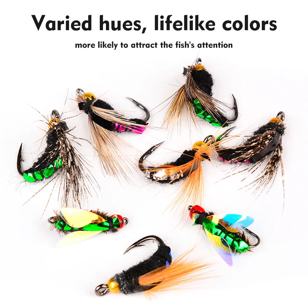 50 unids/caja anzuelo de pesca con mosca Topwater con anzuelo de mosca de pluma seca señuelo de insecto Natural cebo Artificial falso para pesca de carpa trucha - imagen 3