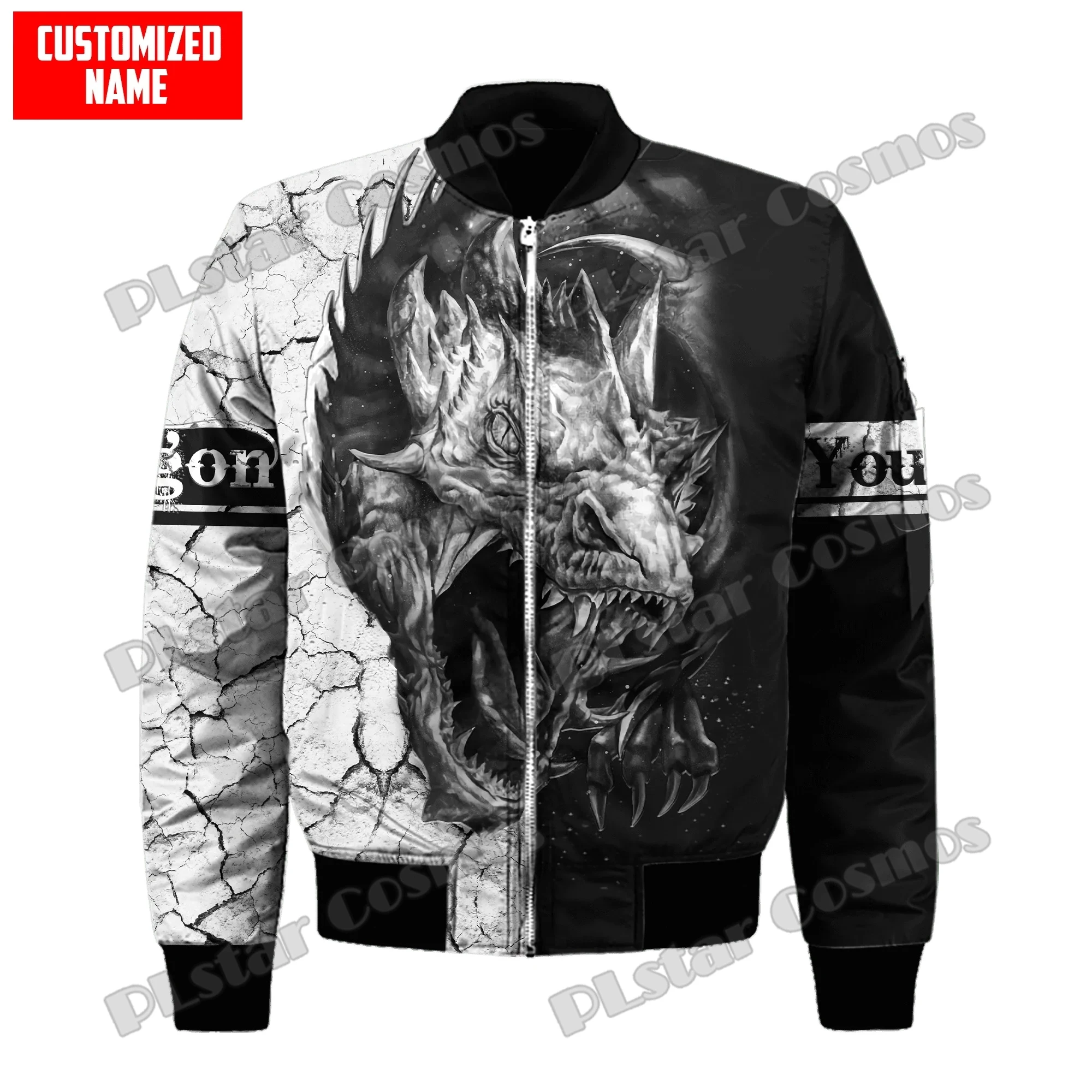 Chaqueta Bomber de invierno para hombre, tatuaje de dragones azules, nombre personalizado, estampado 3D, abrigo grueso con cremallera y bolsillo, chaqueta cálida informal Unisex con cremallera FX-15 - imagen 3