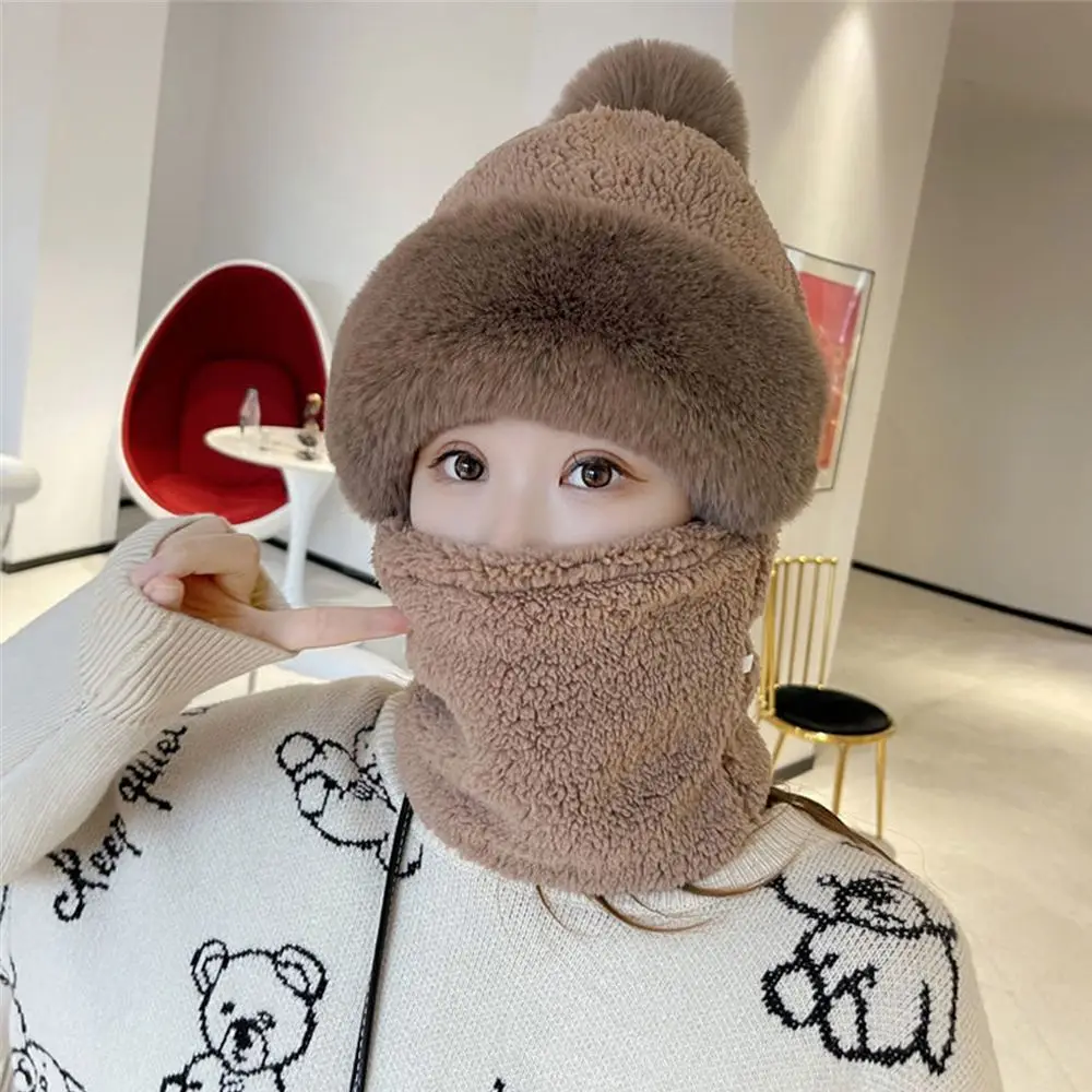 Gorro de terciopelo de felpa para mujer, calentador de cuello, conjunto de bufanda, gorro a prueba de viento para ciclismo, protección para los oídos al aire libre, Invierno - imagen 3