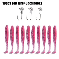 10 Uds señuelo suave 5,5 cm 7cm 9cm T cola gusano 3 uds anzuelo de cabeza de Jigging 3,5g 5g 9g plantilla de Metal Pesca de carpa Swimbait Kit de equipo cebo