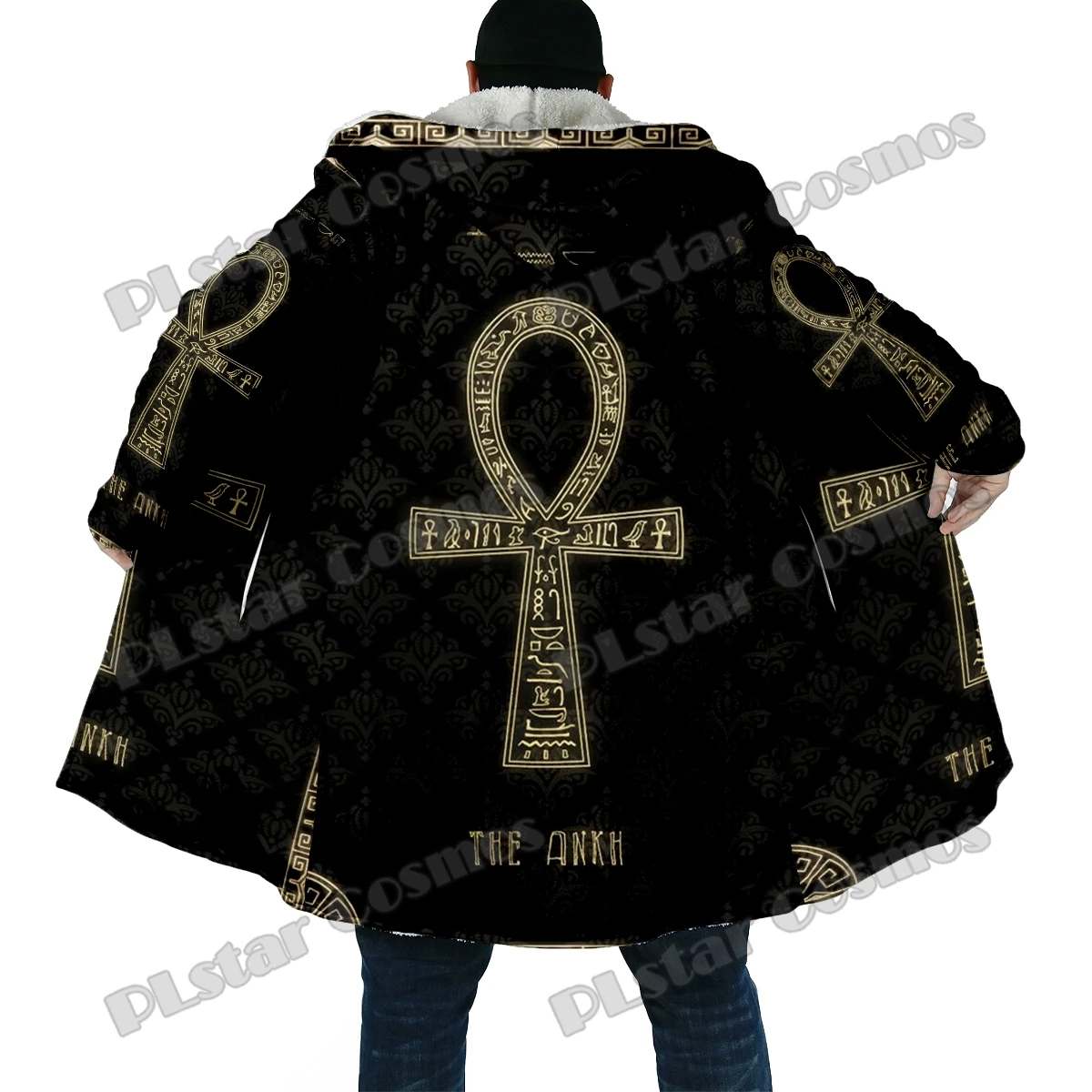 Capa de invierno a la moda para hombre, capa con capucha de lana gruesa con estampado 3D de Ankh y calavera del Antiguo Egipto, capa cálida informal Unisex DP37 - imagen 5