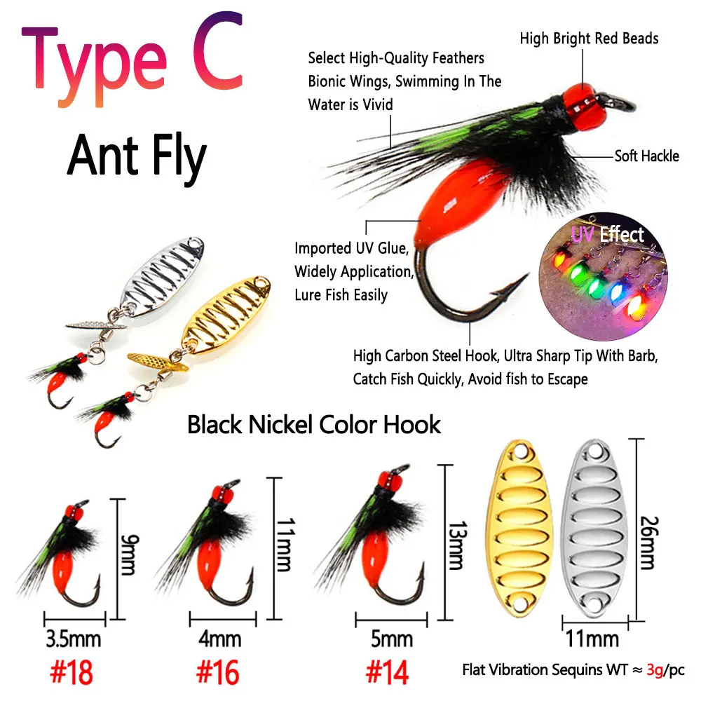 Bimoo-señuelo de pesca de 5 piezas, señuelo plano con vibración, lentejuelas, hormiga, casa, insectos, Ninfa - imagen 4