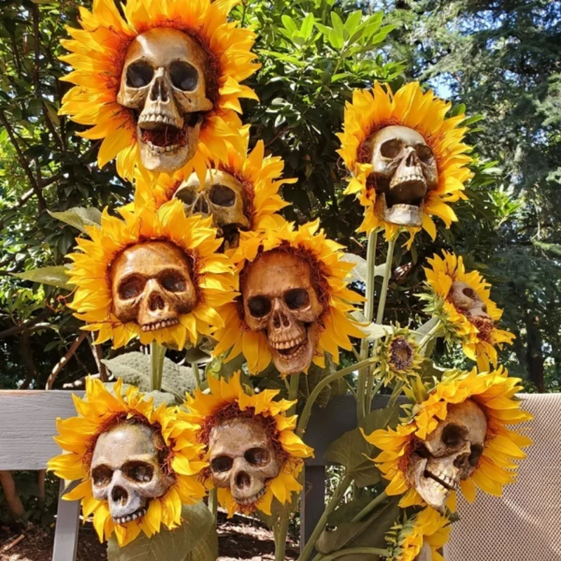 Cráneo espeluznante flores de girasol, artesanía de arte de Festival de Calavera, decoración de jardín, adornos de flores de simulación, decoraciones de Halloween - imagen 2