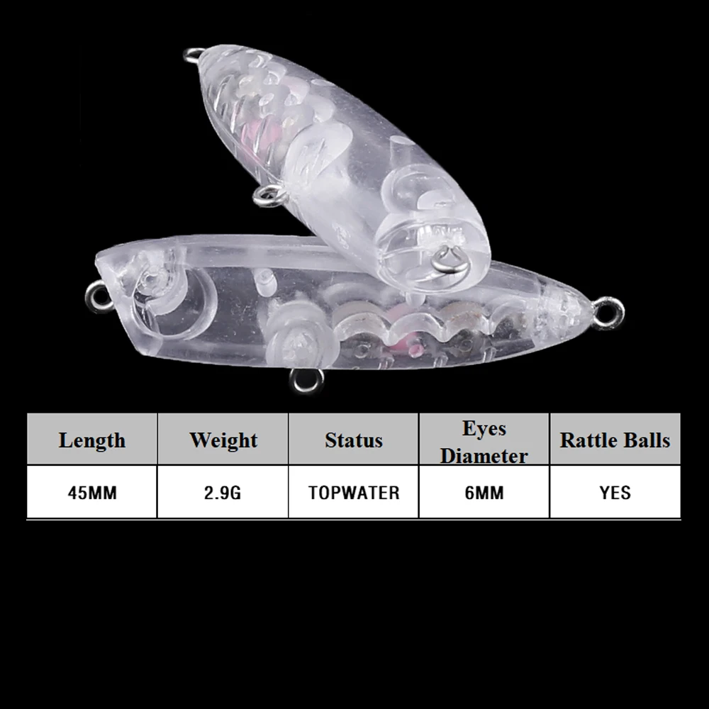 Chan'sHuang 30 Uds. Cebo en blanco sin pintar 45mm 2,9g sonajero Topwater Mini Popper DIY hecho a mano aparejos de señuelo de pesca Artificial - imagen 2