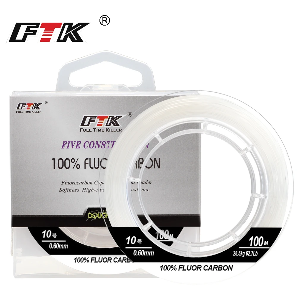 Línea de pesca FTK 50M/100M 100% líneas de pesca de fluorocarbono 5,5-130,9LB línea de mosca líder de fibra de carbono pesca de carpa de hundimiento rápido