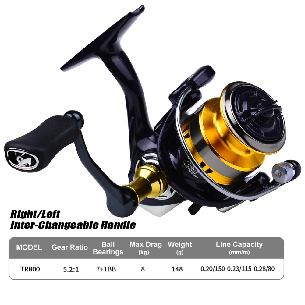 Carrete de pesca giratorio con copa de alambre de alta velocidad, rodamientos 7 + 1BB, relación de engranaje 5,2: 1, 8KG de fuerza de frenado, TR800 para pesca - imagen 3