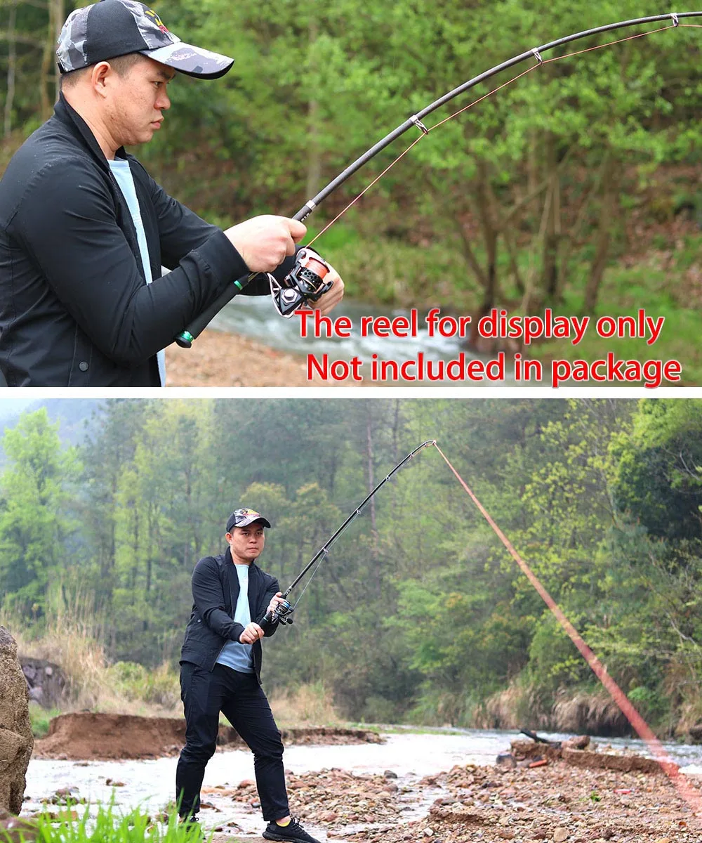 Dos fotografías de una persona pescando. En la foto superior, la persona sostiene una caña de pescar con un carrete adjunto y hay una nota que dice El carrete solo para exhibición No incluido en el paquete