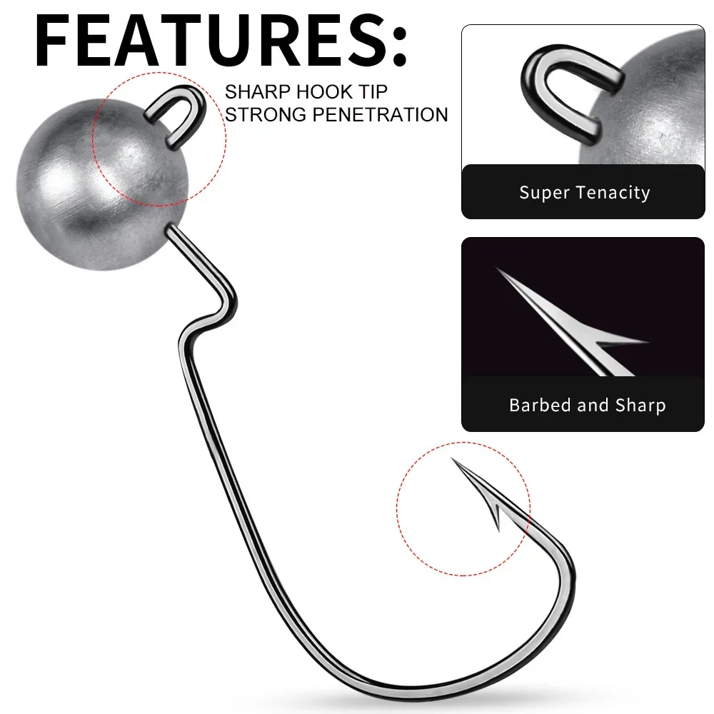 5 unids/bolsa 3,5g-10g cabeza de anzuelo de pesca con púas bola redonda anzuelos de pesca Jigging de acero alto en carbono para señuelo suave gusano - imagen 2