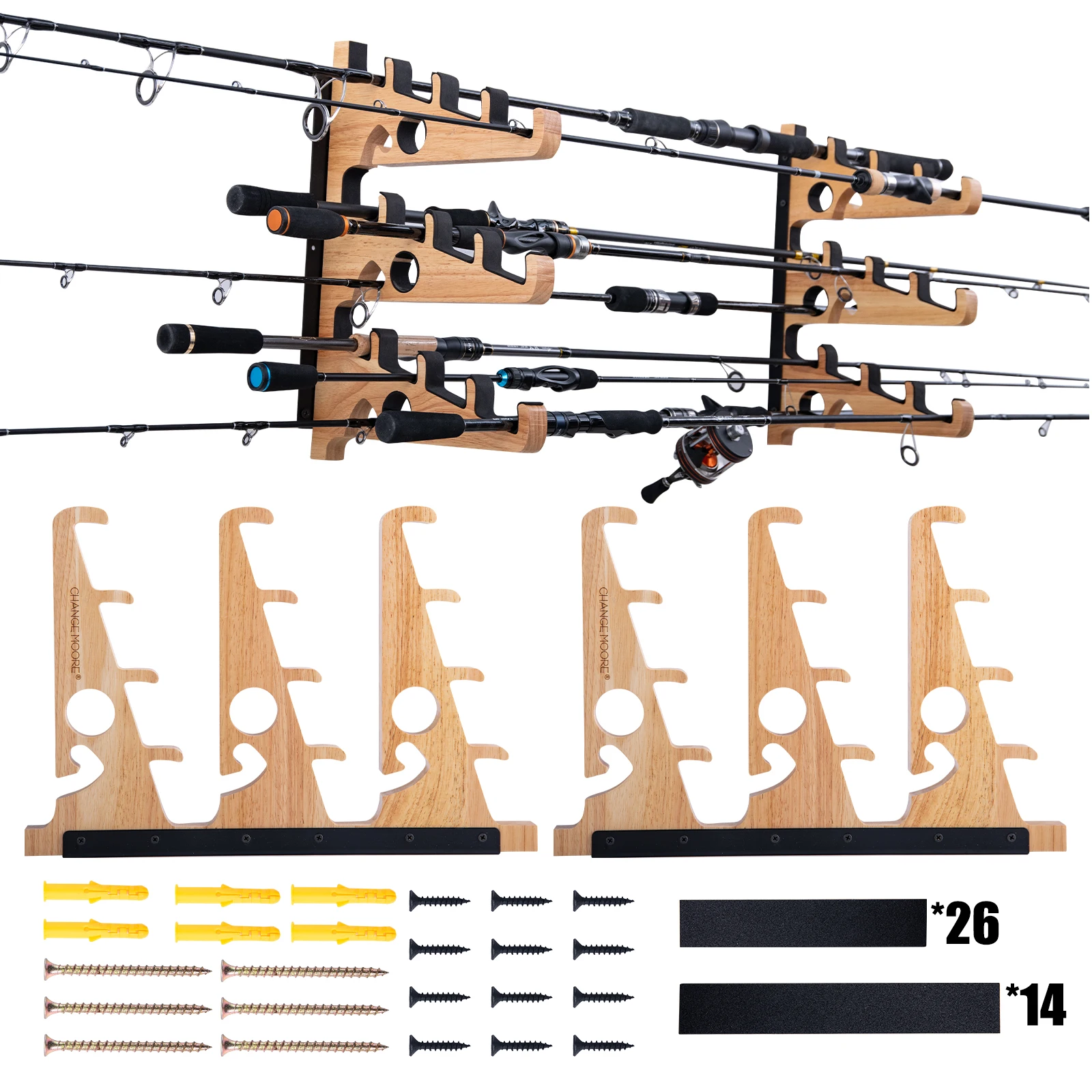 Goture Soporte para caña de pescar de madera maciza montado en la pared de tres niveles, con almohadillas de EVA, resistente, duradero, fácil de montar, herramienta para estante de exhibición de pesca