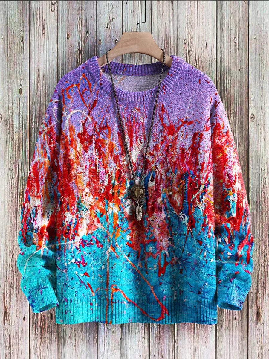 Jersey de punto informal Unisex de invierno, suéter con estampado de arte Retro, suéter de manga larga con cuello redondo a la moda, sudadera KMY40 - imagen 4