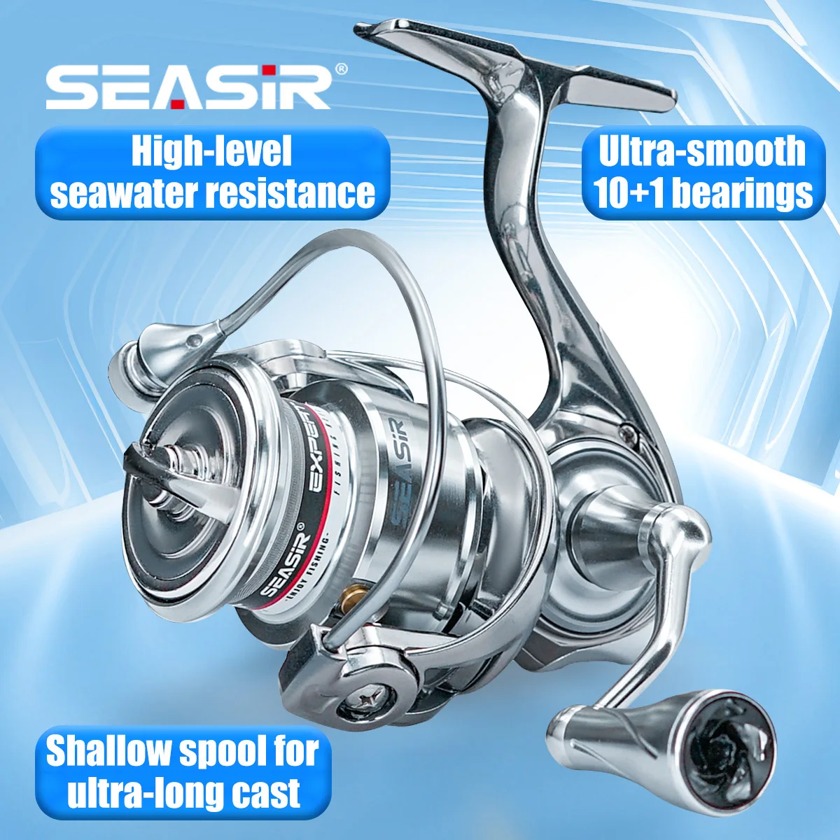 Carrete de pesca giratorio Seasir Expert, mango eléctrico de Metal de una pieza, carrete poco profundo de fundición ultralargo, carrete giratorio impermeable - imagen 5