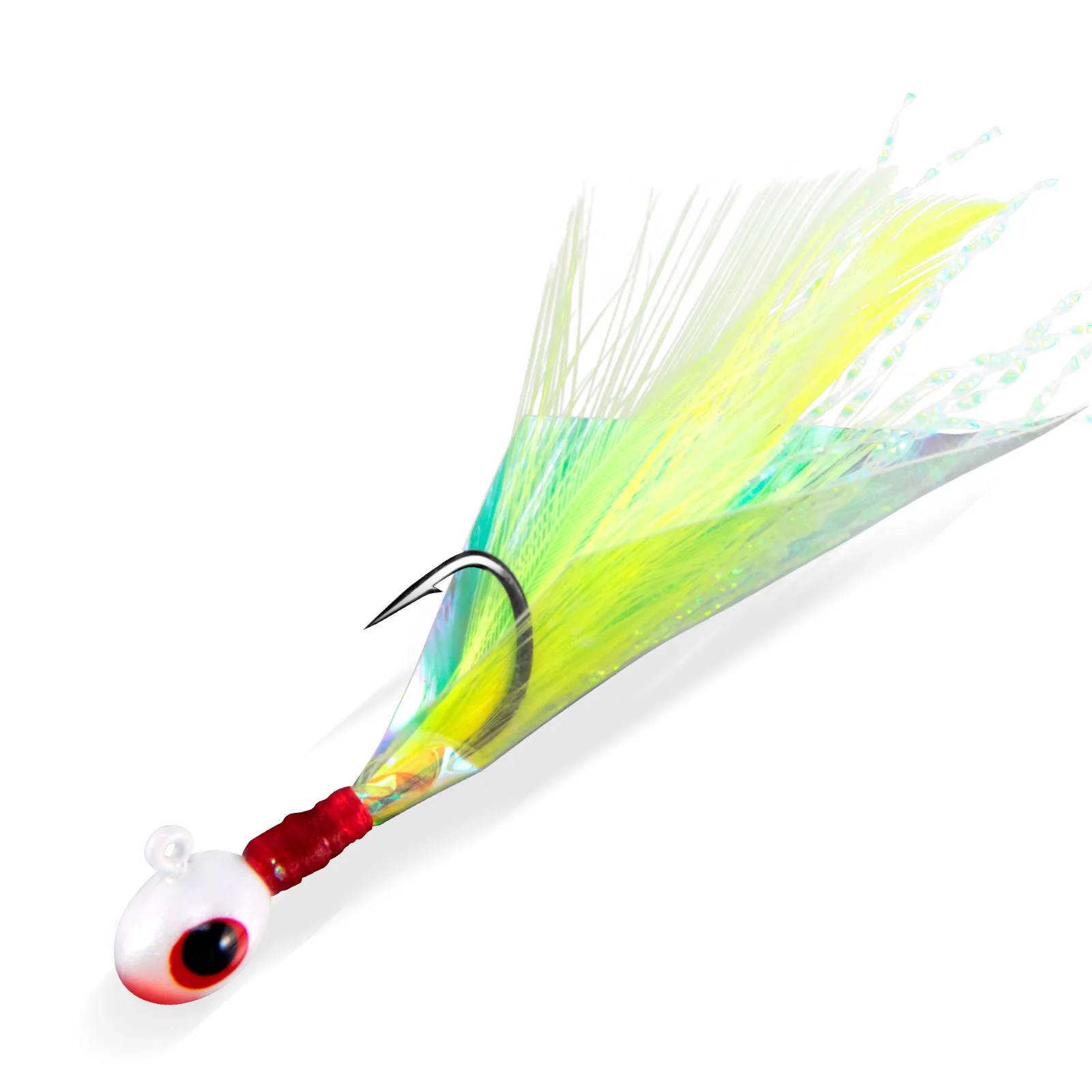 Jig Head plumado con Mylar Flash para lubina y trucha