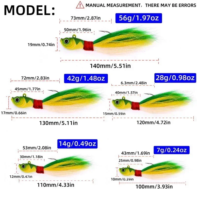 5pcs Bucktail Jigs Head Hook 3D Eyes Bait 7g 14g 28g 56g Deer Hair Feather Hook Beard Jigging Lure Fishing - imagen 2