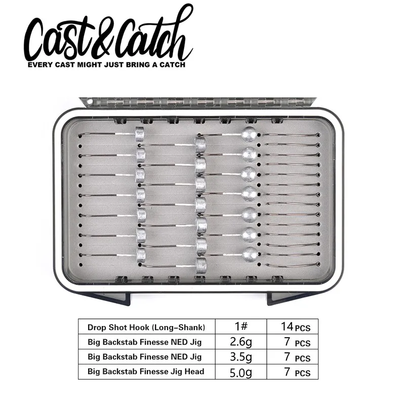 Kit de aparejos de pesca CAST & CATCH, 35 piezas, incluye gancho de tiro, Big Backstab Finesse NED Jig & Jig Head, accesorios/caja solamente - imagen 3