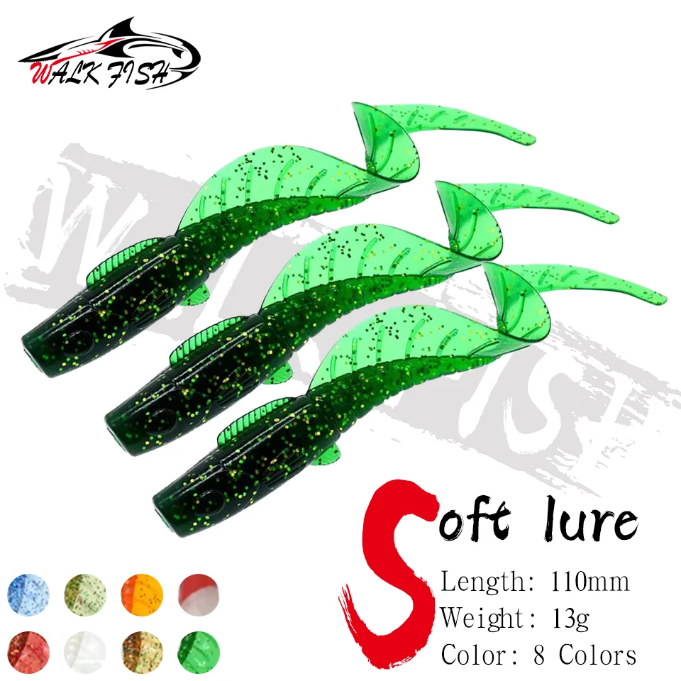 WALK FISH-Señuelos blandos de 11cm/13g, extremo de rollo grande, gusano de una sola cola, manivela Artificial biónica, Wobbler Swimbait, trucha lubina, 3 uds.