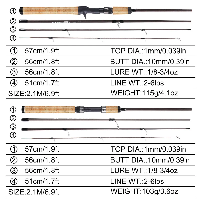 Sougayilang-caña de pescar de fibra de carbono, caña de pescar con señuelo de 2,1 m, mango de corcho, giratoria, fundición, para pesca de agua dulce - imagen 4