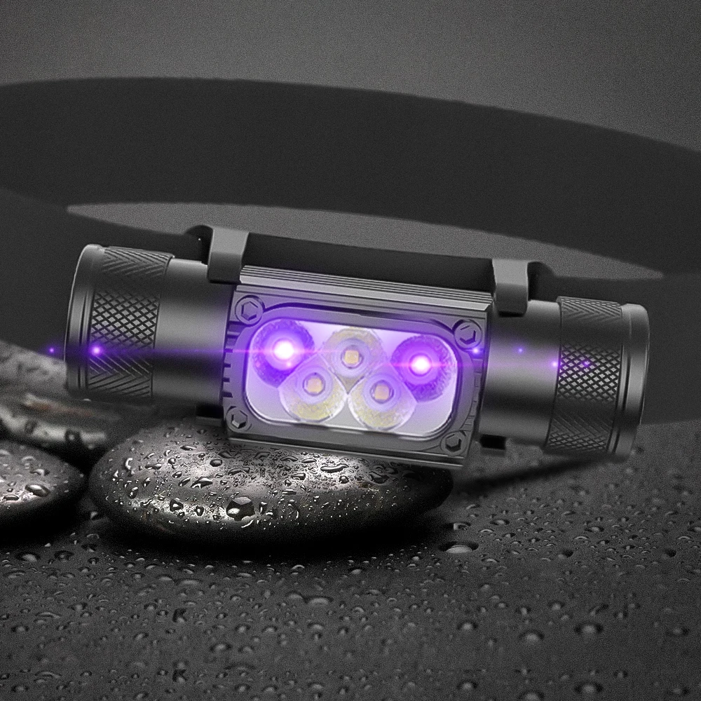 Faro Frontal LED UV 395nm Recargable USB-C – Luz blanca y morada