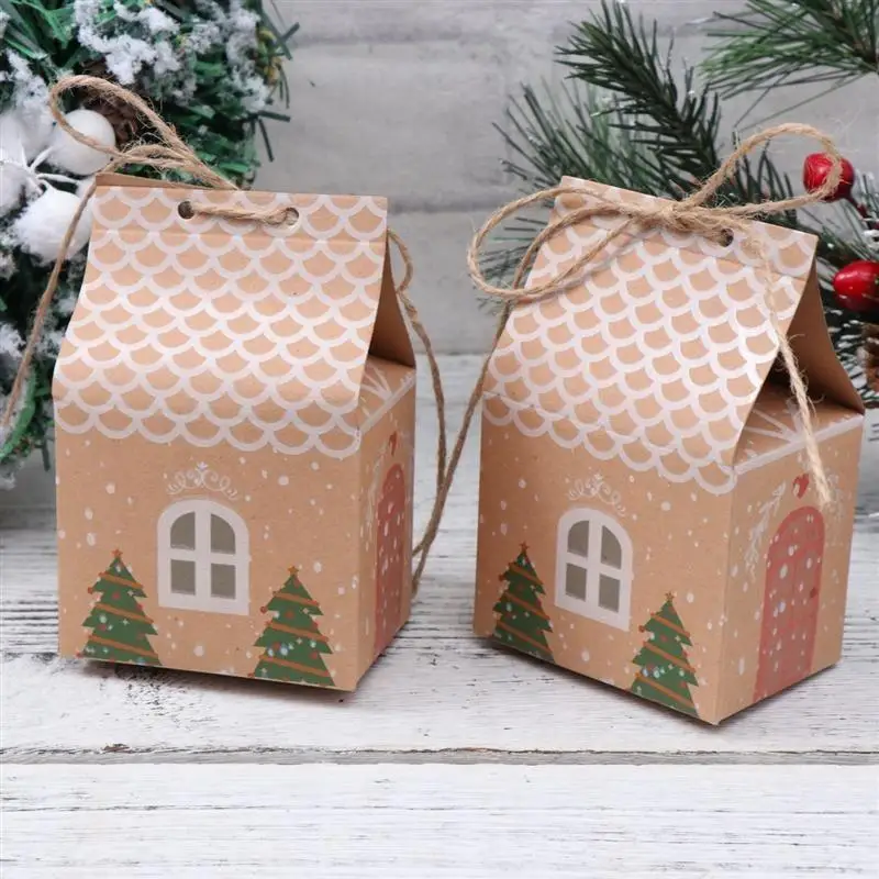 50 Uds. Soporte para suministros de fiesta, decoración navideña, bolsa para galletas con forma de casa, caja de dulces de Navidad, regalo de papel Kraft - imagen 5