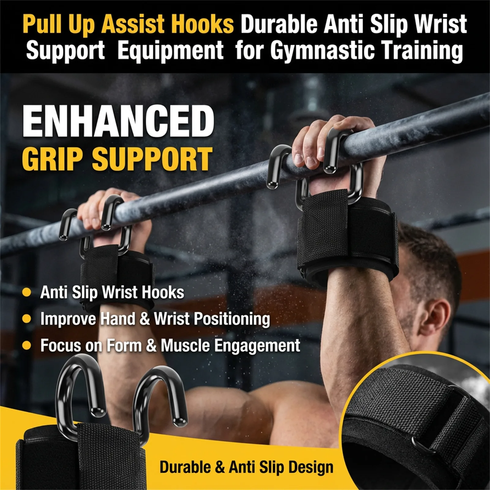 Ganchos de asistencia para dominadas, correas de soporte de muñeca antideslizantes gruesas para barra de dominadas, gimnasio al aire libre, entrenamiento, equipo de entrenamiento de peso muerto - imagen 2
