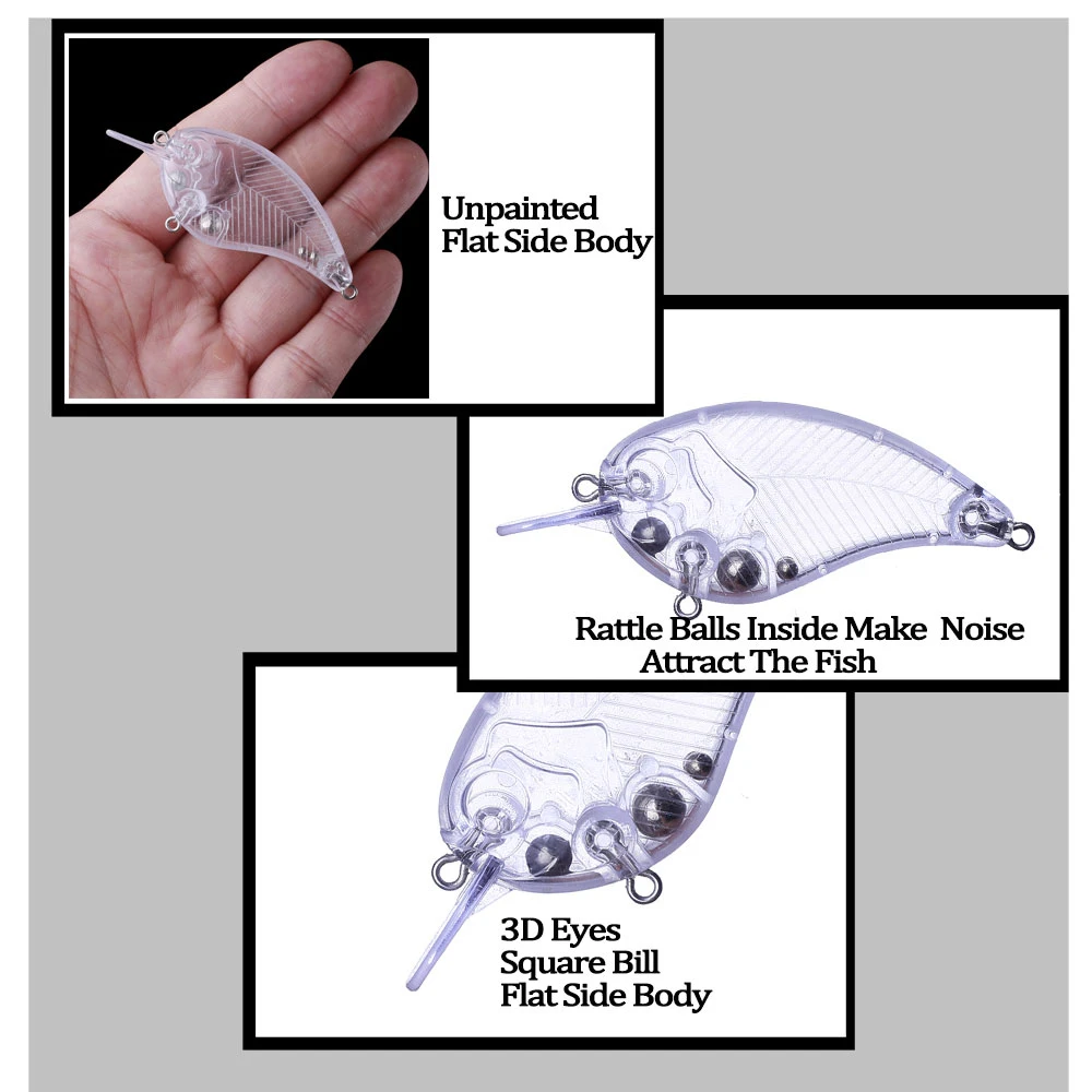 Chan'sHuang-cebo en blanco sin pintar, 20 piezas, 70mm, 7,5g, factura cuadrada flotante, sonajeros de cuerpo lateral plano, señuelo de pesca Artificial Crankbait - imagen 4