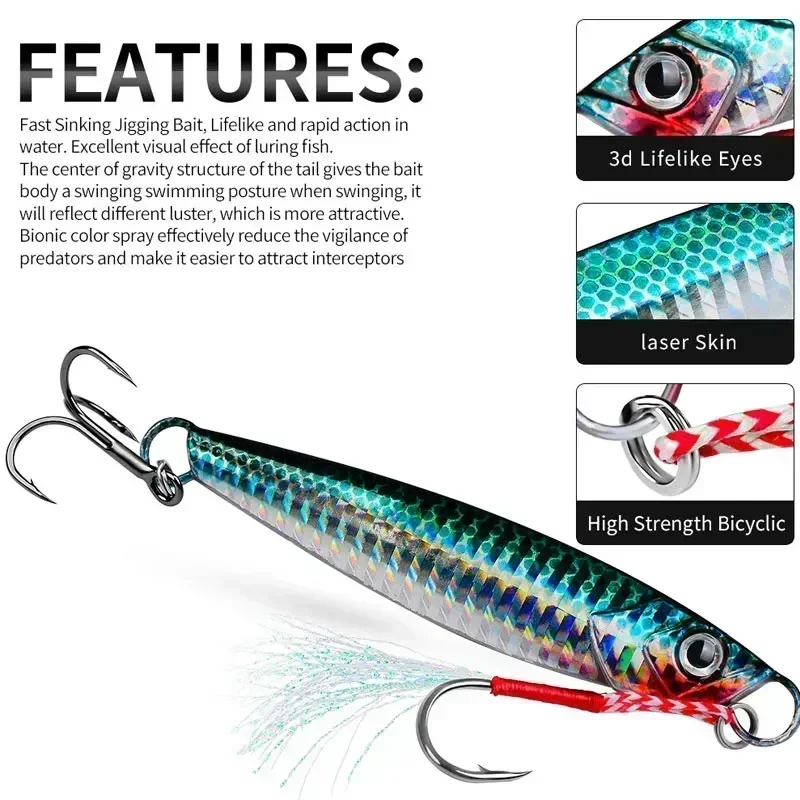 Señuelo de pesca Artificial, anzuelo de Metal con placa de hierro de 3 piezas, aparejo de cebo de pesca de barco de mar que se hunde, 21g/30g/40g/60g, trucha, Jigging - imagen 5