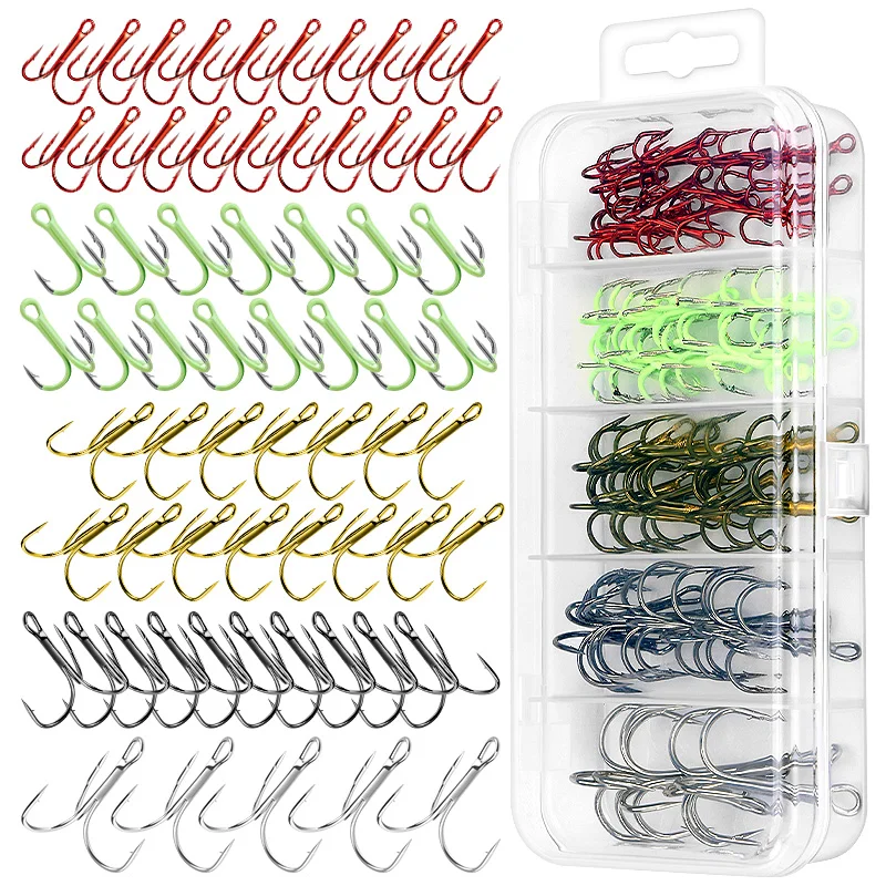 WEIHE 65PCS 5 colores 2 #   4 #   6 #   8 #   10 #   Kit de anzuelos triples de acero rico en carbono, anzuelos de pesca combinados, anzuelos triples de pesca - imagen 2