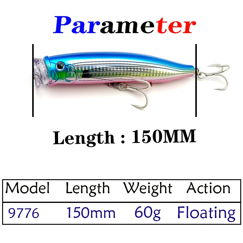 Señuelo de pesca Testar 150mm 60g flotante Pop Trolling Popper cebo agua salada Topwater Wobblers Japón láser Jerkbait pez dorado atún - imagen 3