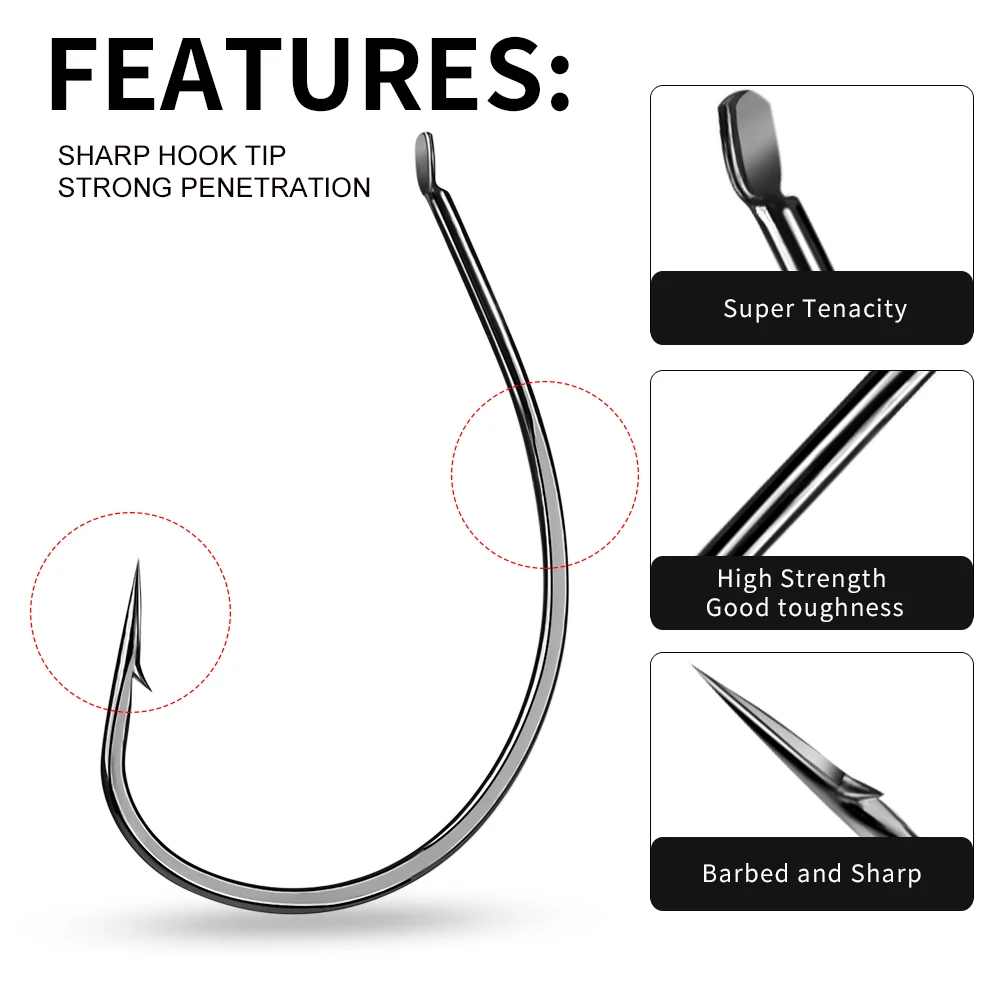 PROBEROS-anzuelos de pesca individuales, 10 piezas, 6-7 #-8 #-9 #-10 #, de gran espacio anzuelo de pesca, acero de alto carbono, gusano, aparejos de pesca de lubina - imagen 5