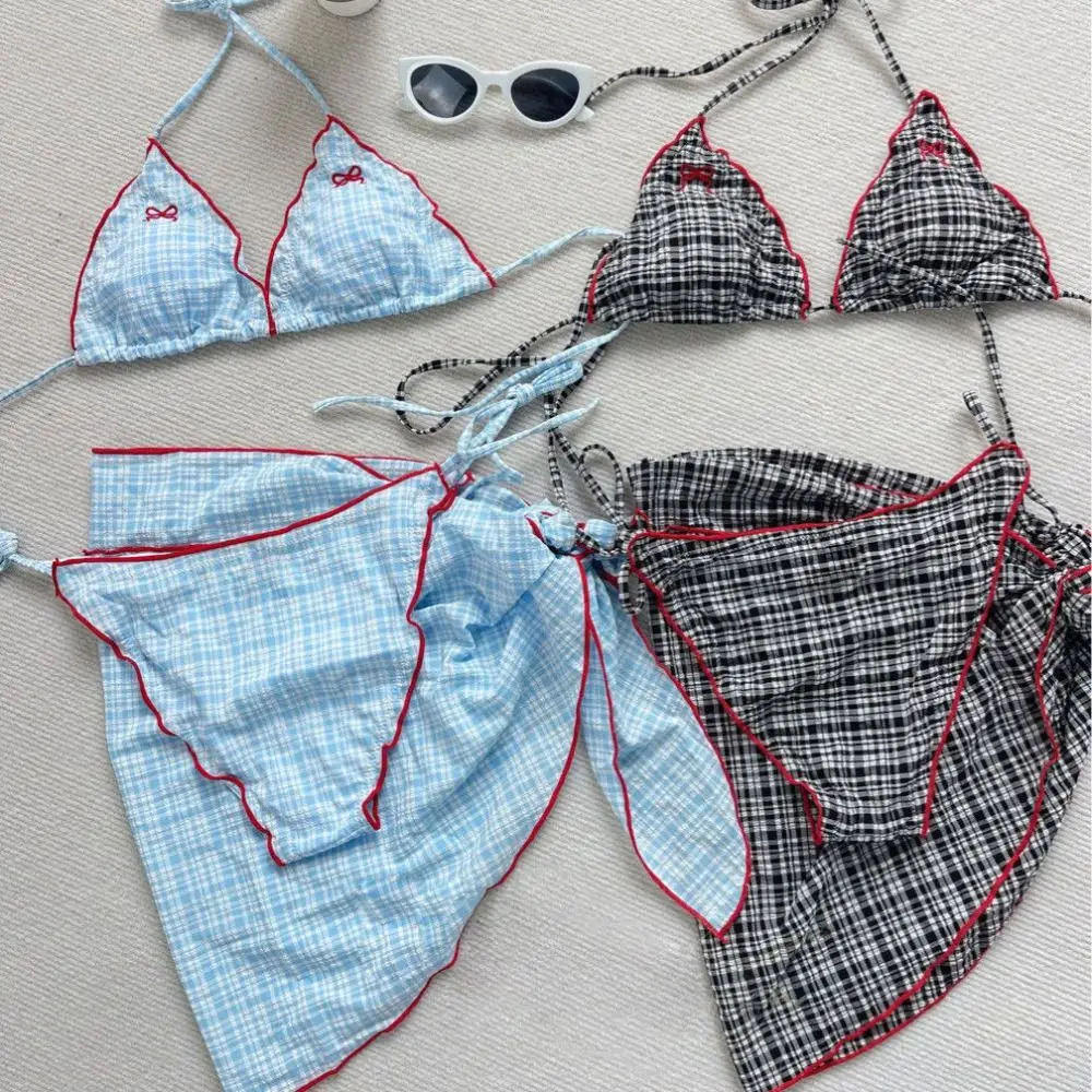 Traje de baño sin mangas con rejilla y lazo, Bikini plisado con cordones, ropa de playa, conjunto de traje de baño de tres piezas con escote en V profundo para mujer - imagen 2