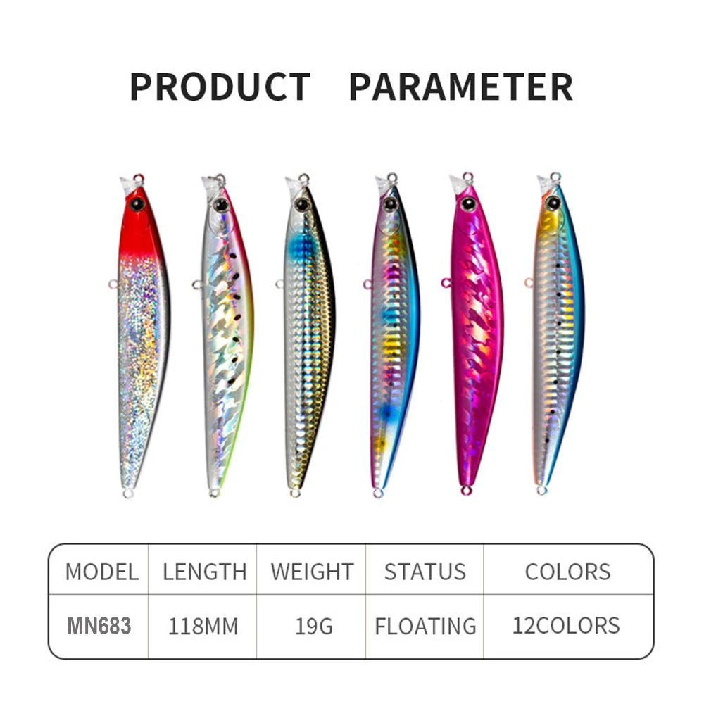 11,8 cm 19g señuelo de pesca Minnow Wobbler 118F fundición larga flotante cebo duro Artificial pesca en agua de mar Jerkbait lubina MN683 - imagen 4
