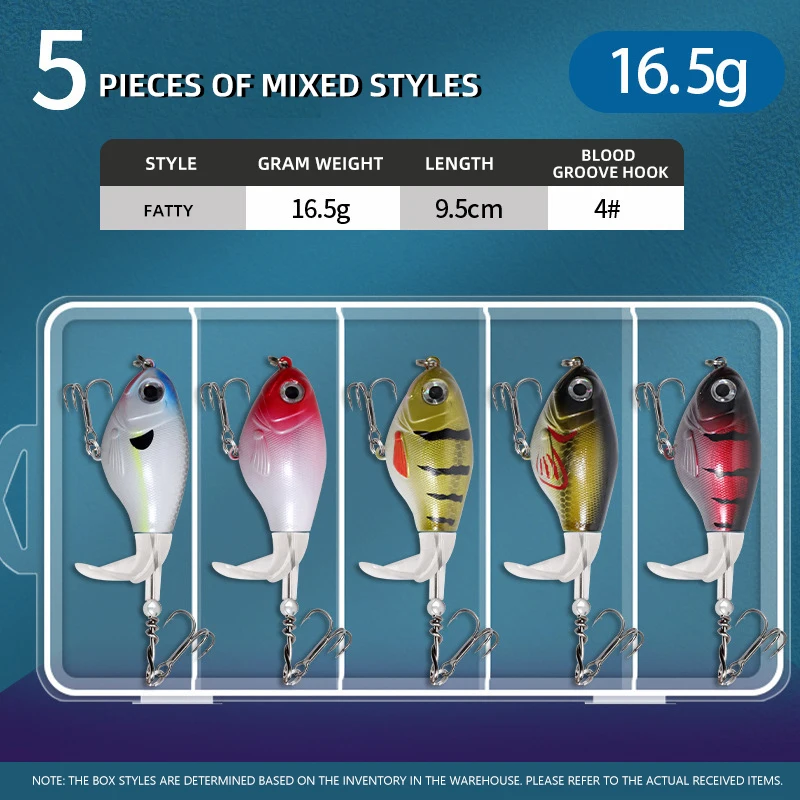 Caja de embalaje combinada de 5 uds., cebo duro Artificial con Tractor giratorio suave, cola flotante, aparejos de pesca